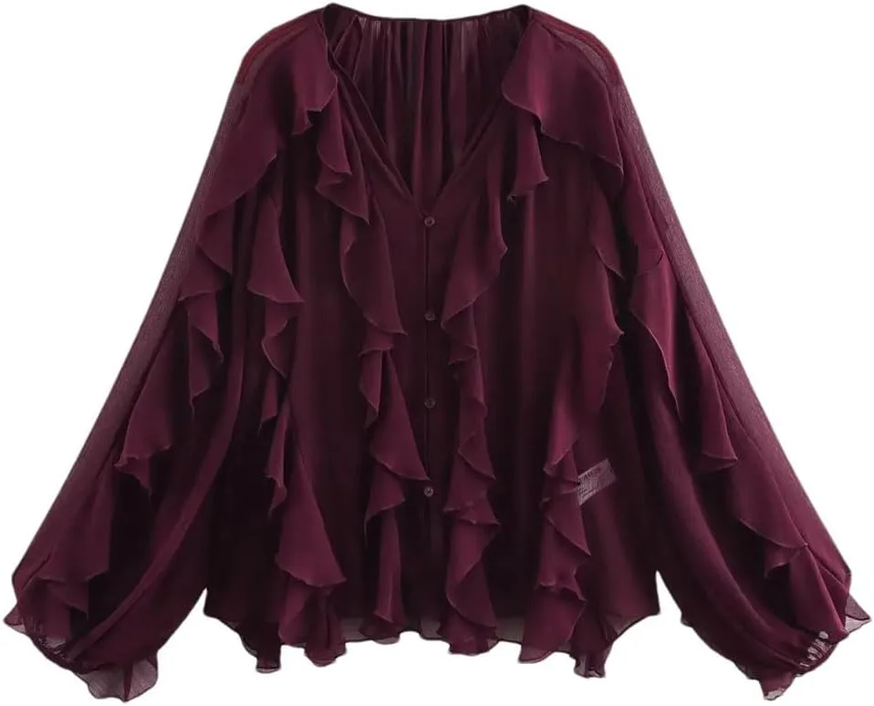 Women Casual Ruffled Loose Lace Up Hollow Out V Neck Tops Blouses Shirt