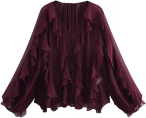 Women Casual Ruffled Loose Lace Up Hollow Out V Neck Tops Blouses Shirt