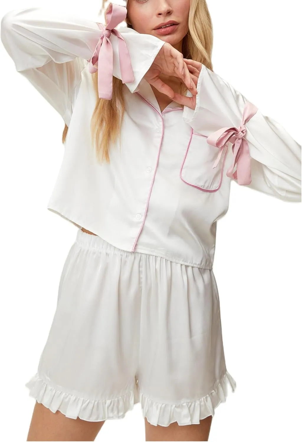 Women Y2K Satin Silk 2 Piece Pajamas Set Bow Tie Bell Sleeve Notch Collar Shirts Ruffled Shorts Sleepwear Set
