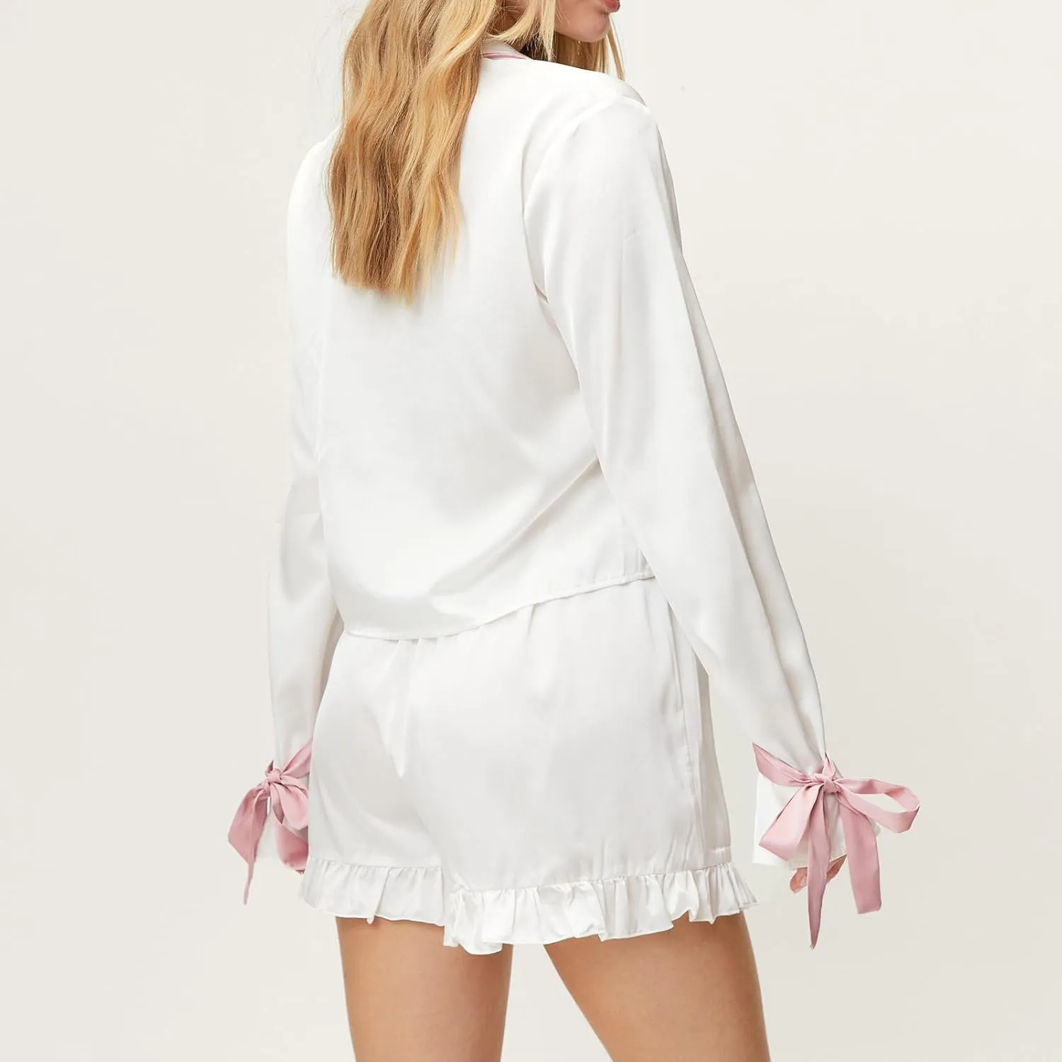 Women Y2K Satin Silk 2 Piece Pajamas Set Bow Tie Bell Sleeve Notch Collar Shirts Ruffled Shorts Sleepwear Set