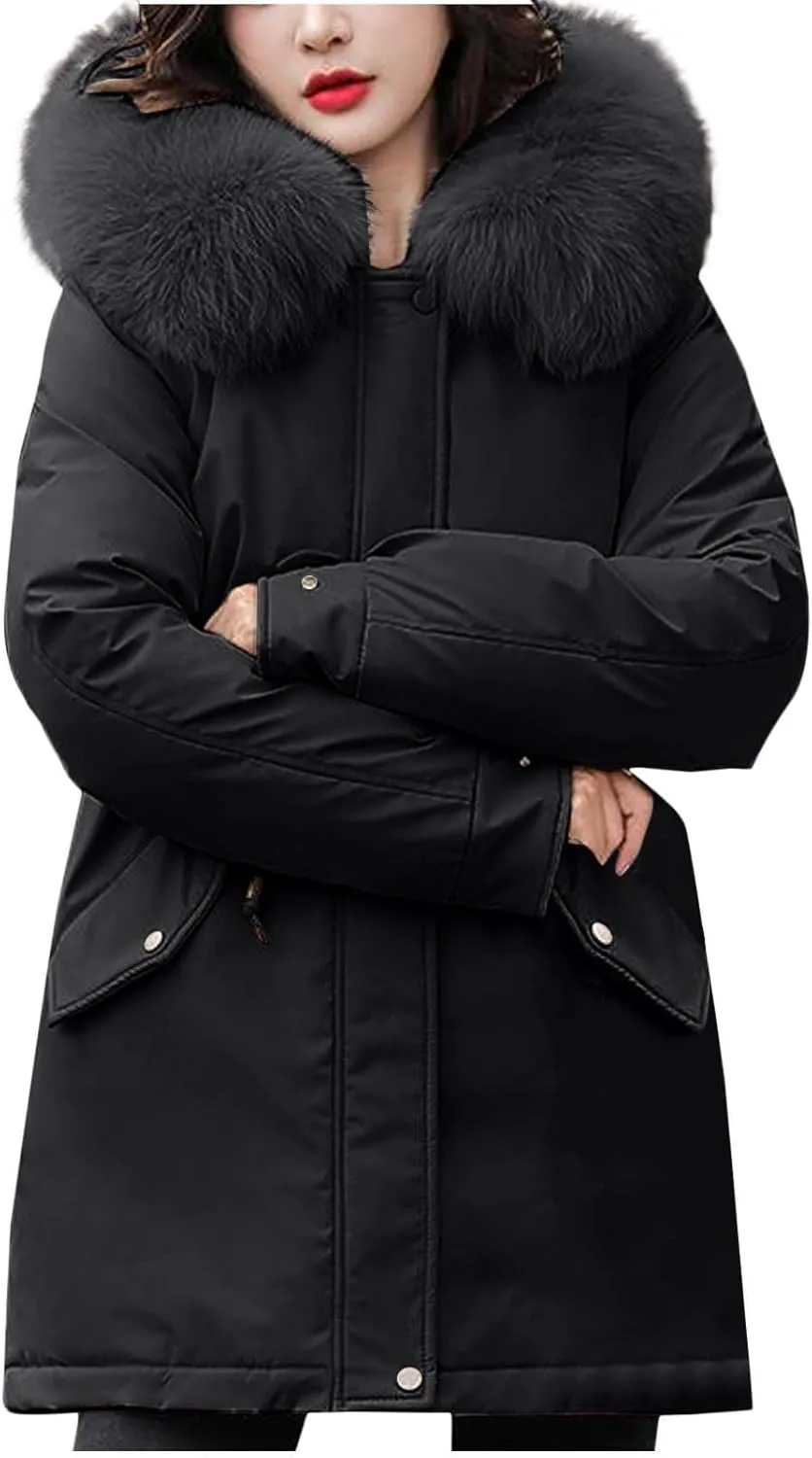 Womens Coats Winter, Elegant Warm Down Jackets Fashions Puffer Mid Long Outerwear Faux Fur Overcoats 2024