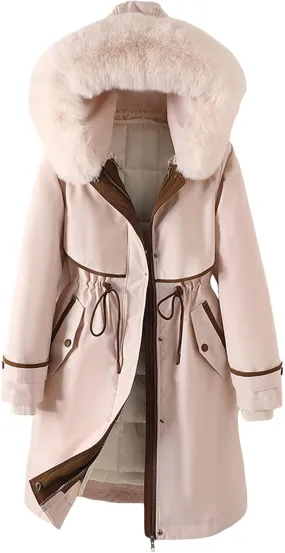 Womens Daily Plus Size Winter Coats Trendy Slim Waist Drawstring Puffer Jacket Elegant Hooded Warm Long Sleeve Outwear