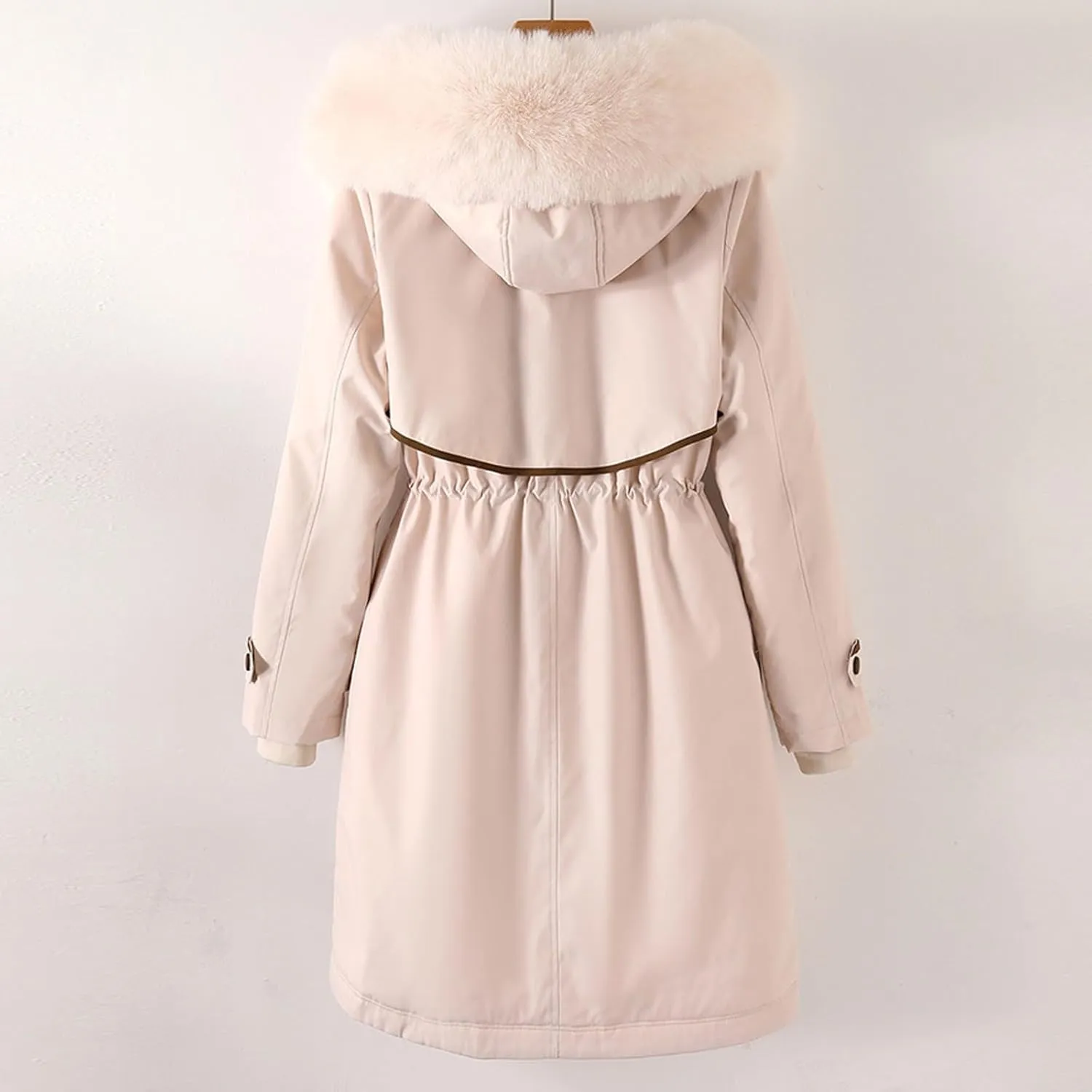 Womens Daily Plus Size Winter Coats Trendy Slim Waist Drawstring Puffer Jacket Elegant Hooded Warm Long Sleeve Outwear