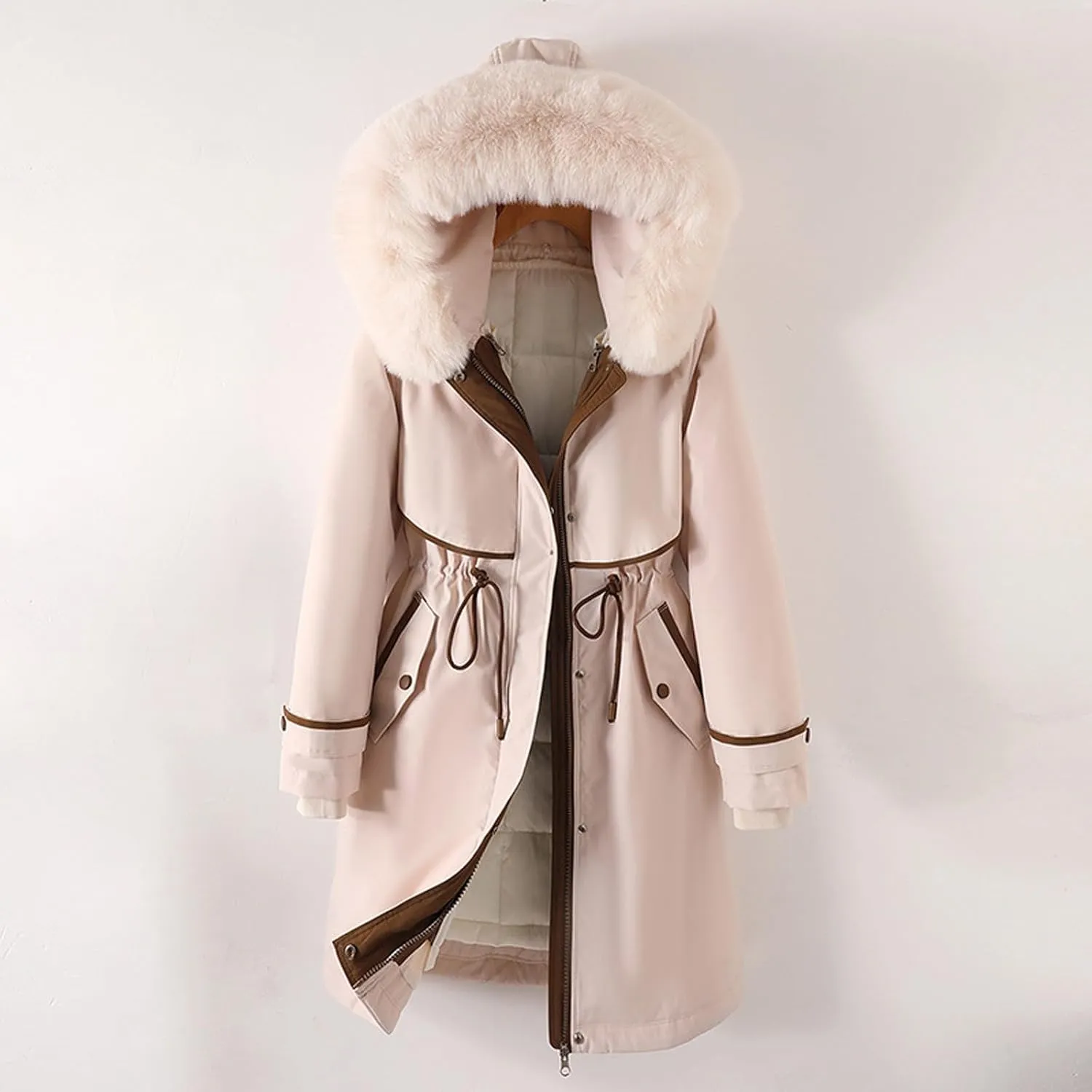 Womens Daily Plus Size Winter Coats Trendy Slim Waist Drawstring Puffer Jacket Elegant Hooded Warm Long Sleeve Outwear