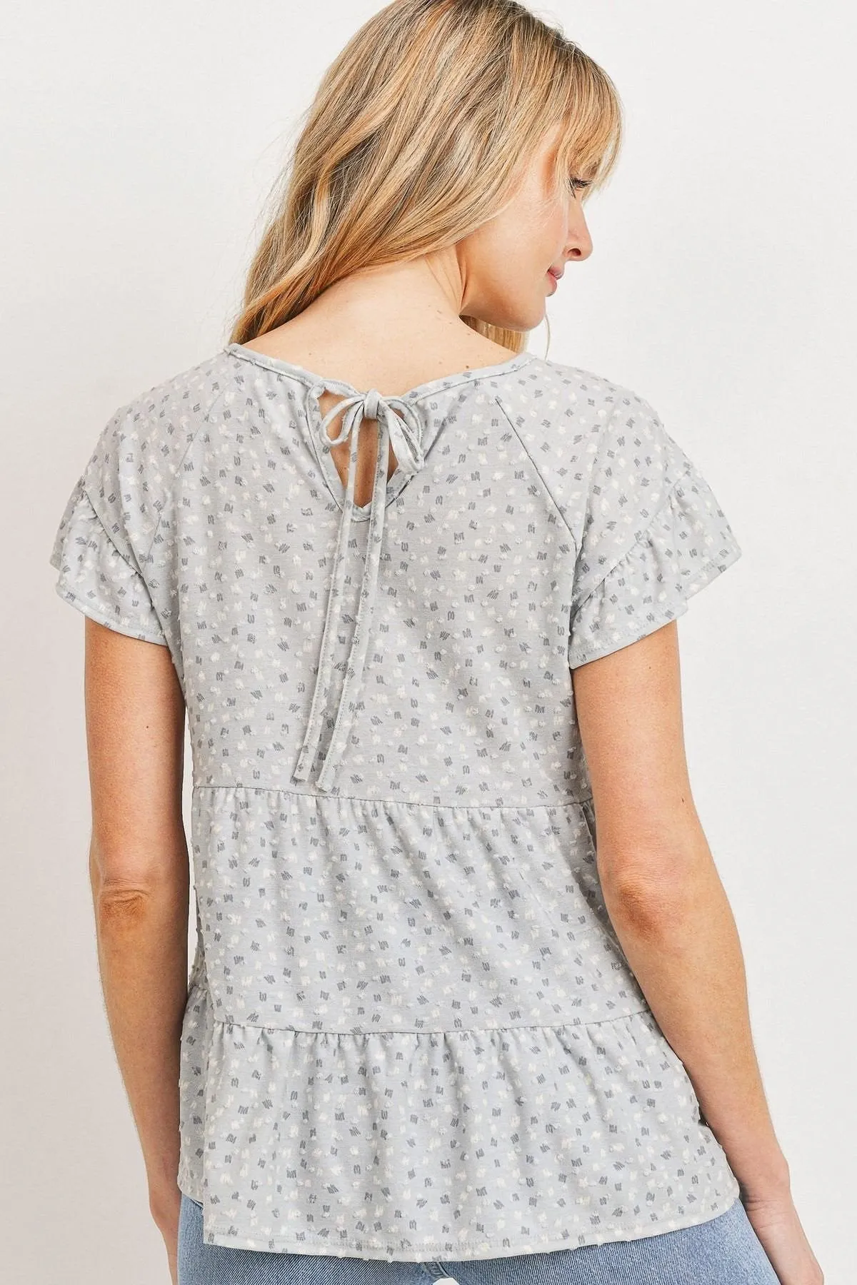 Women's Dot Textured Print Jersey Ruffled Short Sleeve Top