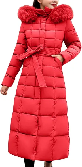 Womens Fashion Elegant Puffer Jacket Oversized Hooded Down Coat with Belt Casual Long Sleeve Outing Quilted Outwear
