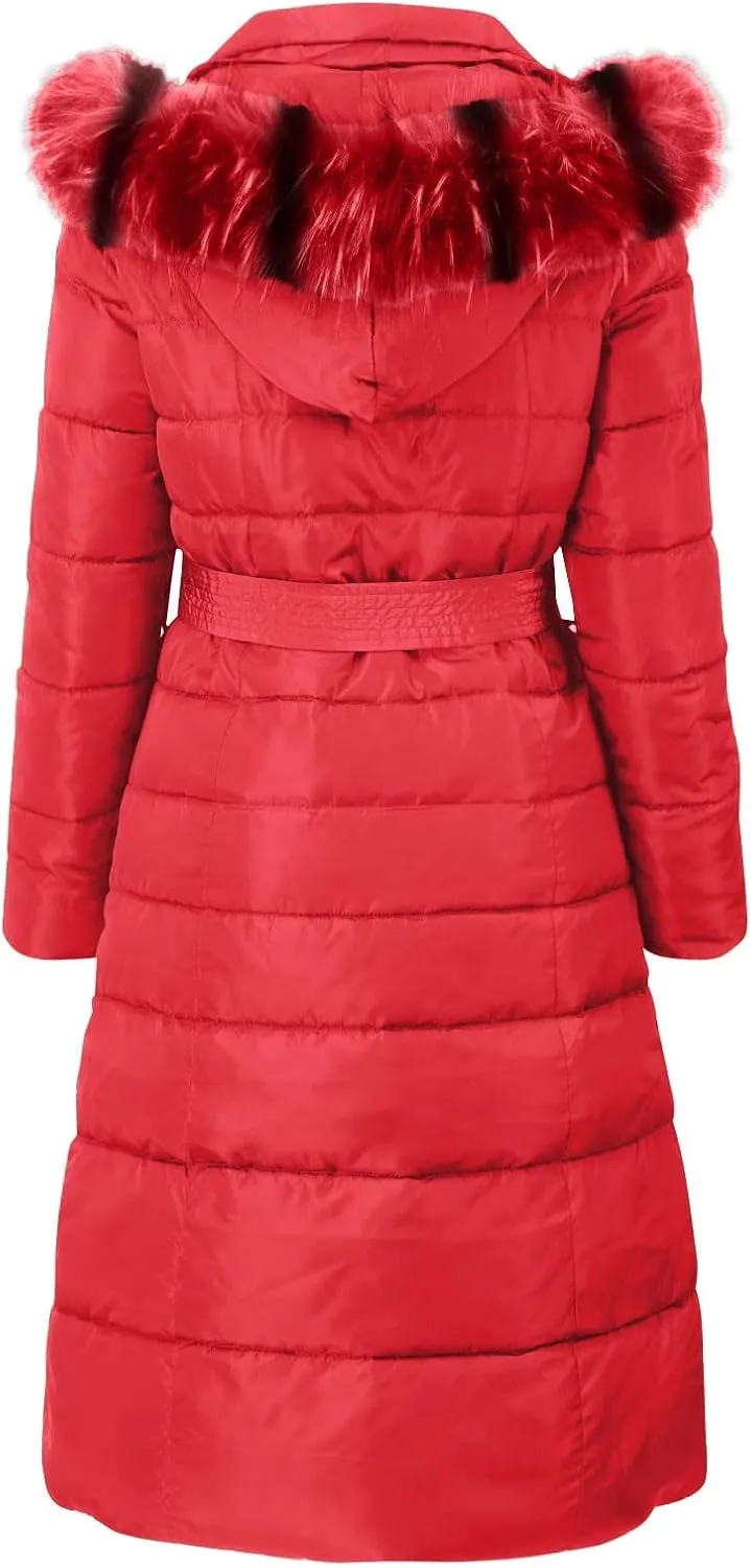 Womens Fashion Elegant Puffer Jacket Oversized Hooded Down Coat with Belt Casual Long Sleeve Outing Quilted Outwear