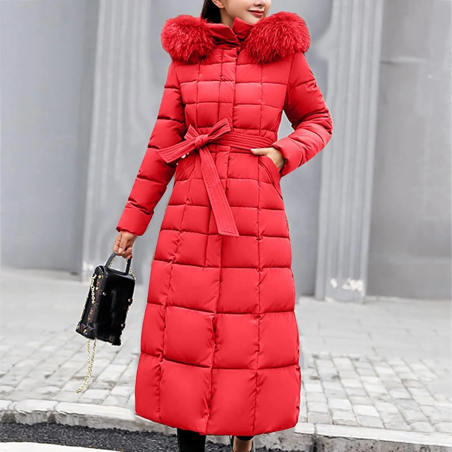 Womens Fashion Elegant Puffer Jacket Oversized Hooded Down Coat with Belt Casual Long Sleeve Outing Quilted Outwear