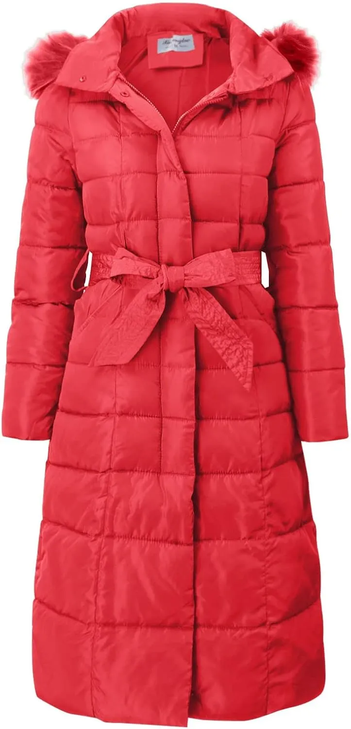 Womens Fashion Elegant Puffer Jacket Oversized Hooded Down Coat with Belt Casual Long Sleeve Outing Quilted Outwear