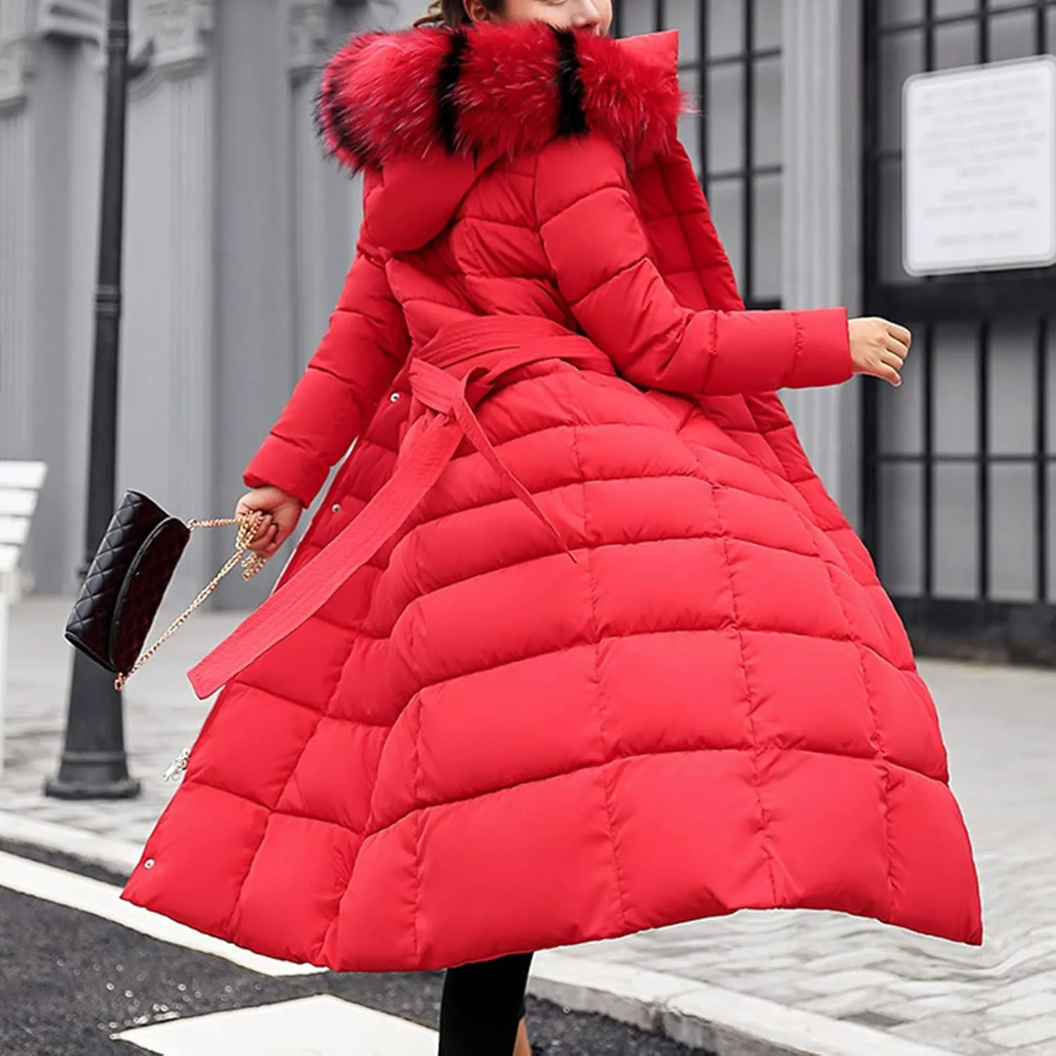 Womens Fashion Elegant Puffer Jacket Oversized Hooded Down Coat with Belt Casual Long Sleeve Outing Quilted Outwear