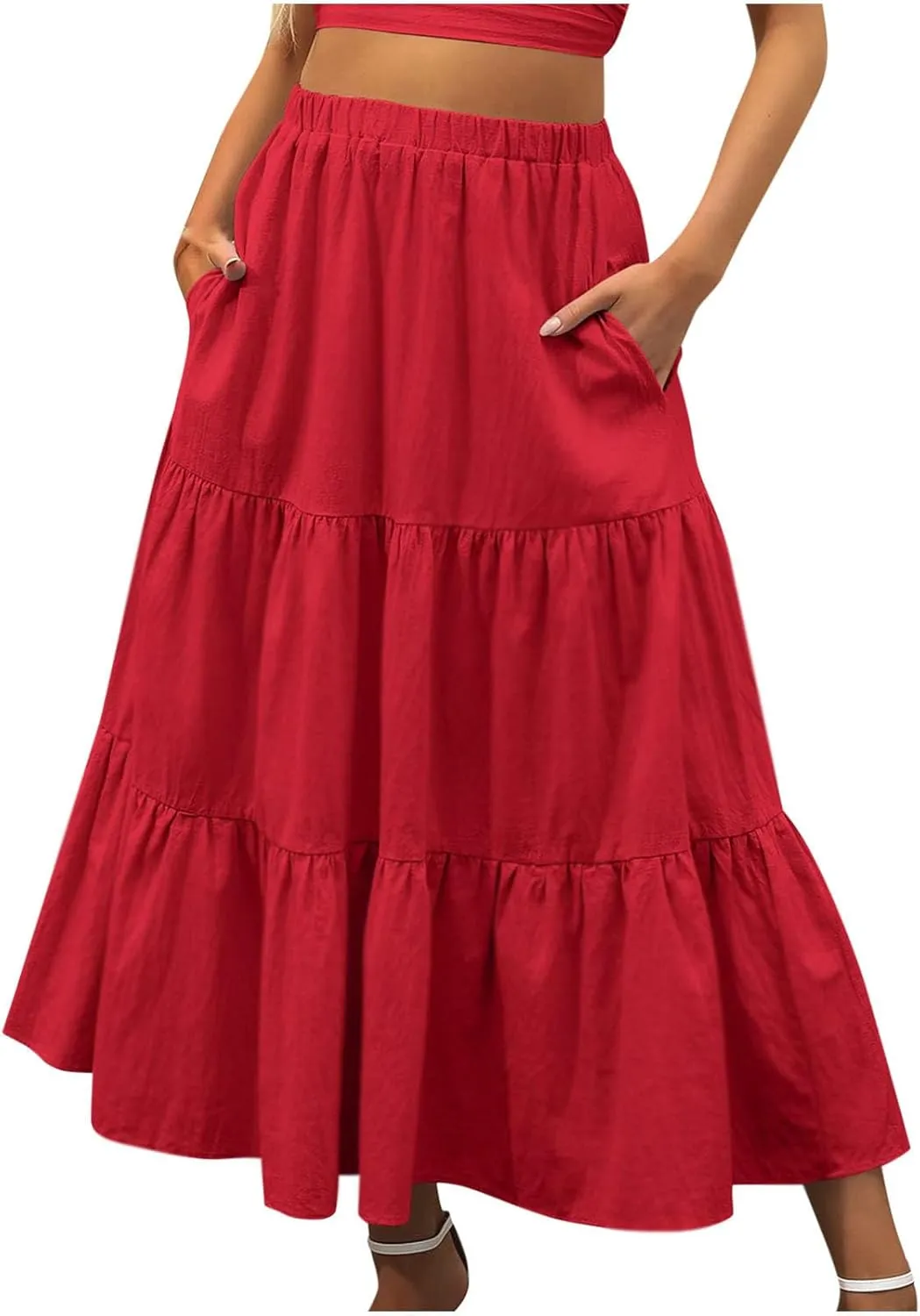Women's Flowy Maxi Skirt 2025 Summer Ruffle High Waisted A-Line Skirts Casual Solid Long Pleated Skirt with Pockets