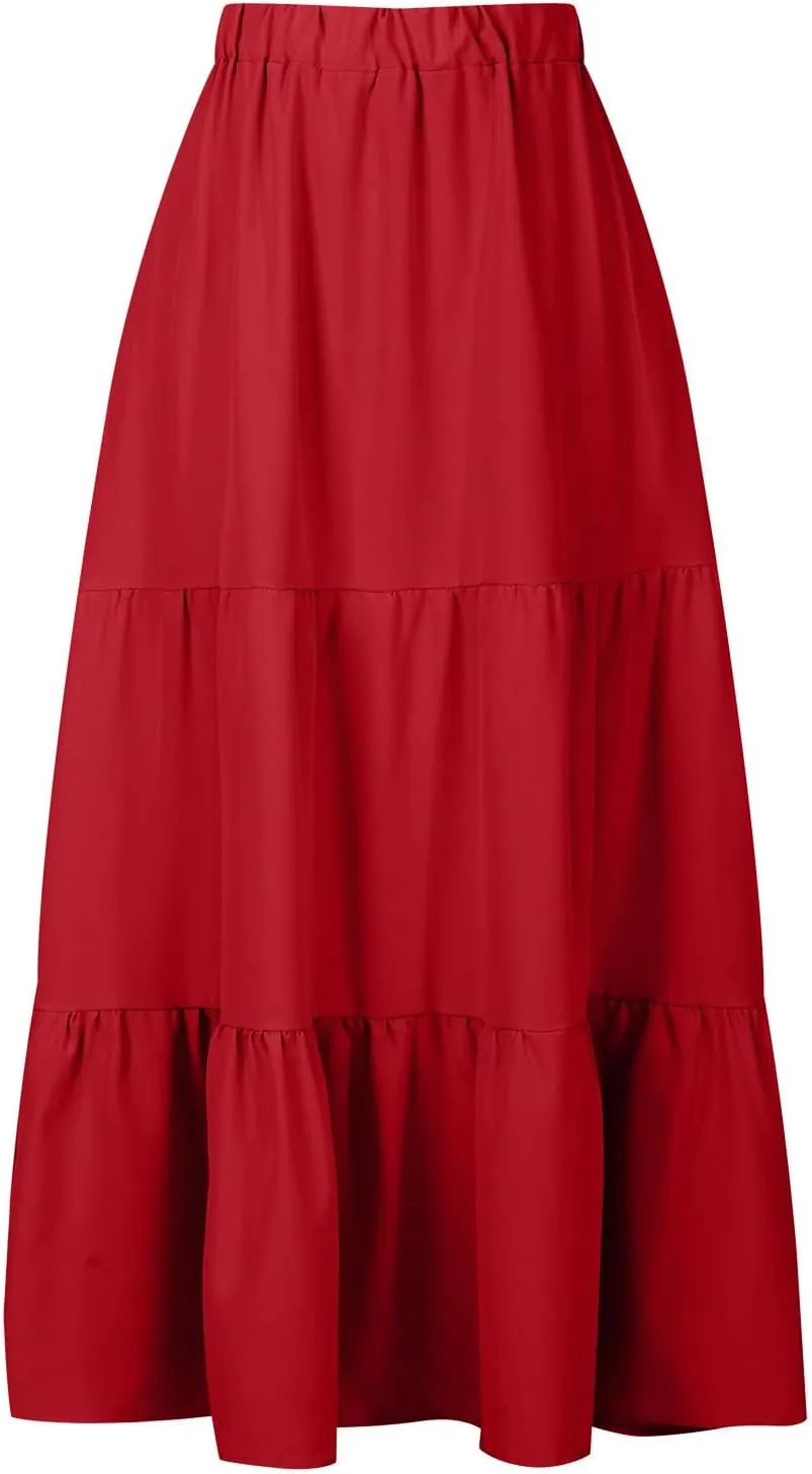 Women's Flowy Maxi Skirt 2025 Summer Ruffle High Waisted A-Line Skirts Casual Solid Long Pleated Skirt with Pockets