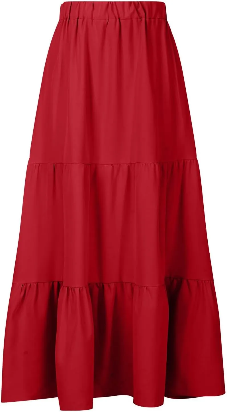 Women's Flowy Maxi Skirt 2025 Summer Ruffle High Waisted A-Line Skirts Casual Solid Long Pleated Skirt with Pockets