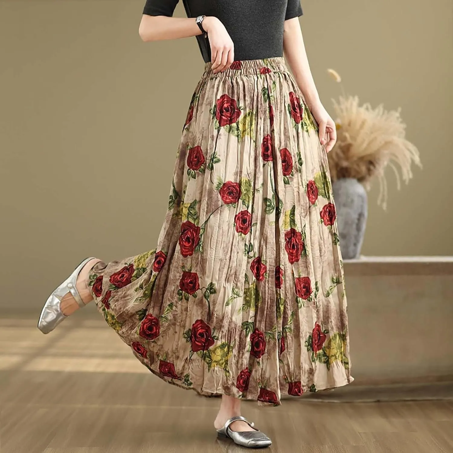 Womens Maxi Skirt Summer Elastic High Waisted Boho Floral Dressy Casual Beach Flowy Swing Long Skirts with Pockets