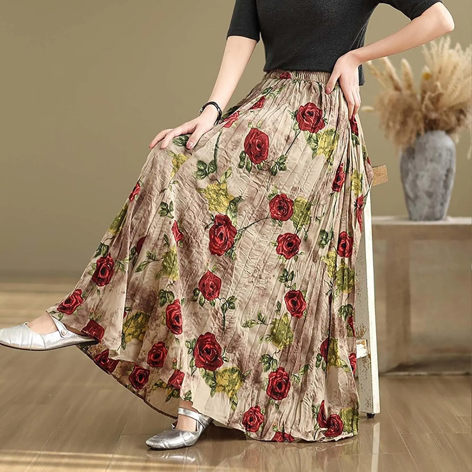 Womens Maxi Skirt Summer Elastic High Waisted Boho Floral Dressy Casual Beach Flowy Swing Long Skirts with Pockets