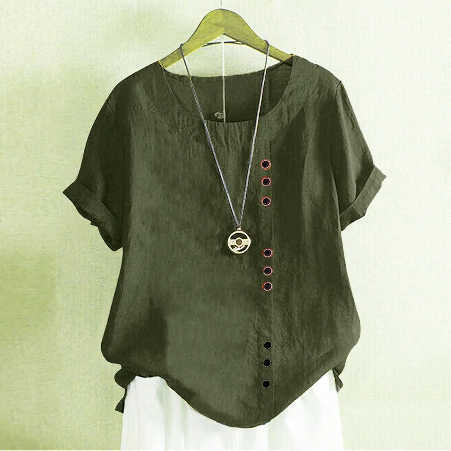 Women's Oversized Embroidered Shirts Casual Cotton Linen Summer Blouse Short Sleeve Round Neck Tops Boho Tees