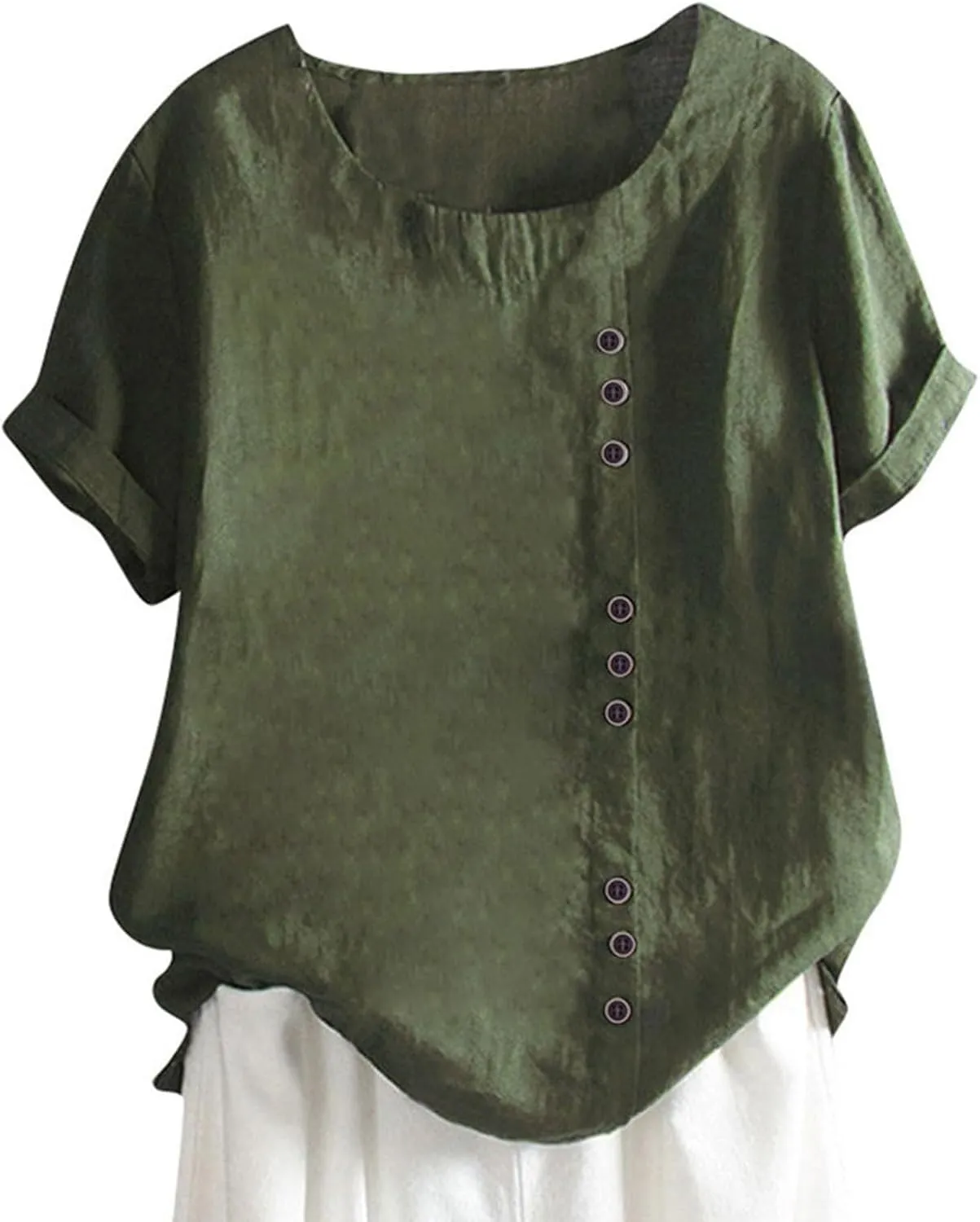 Women's Oversized Embroidered Shirts Casual Cotton Linen Summer Blouse Short Sleeve Round Neck Tops Boho Tees