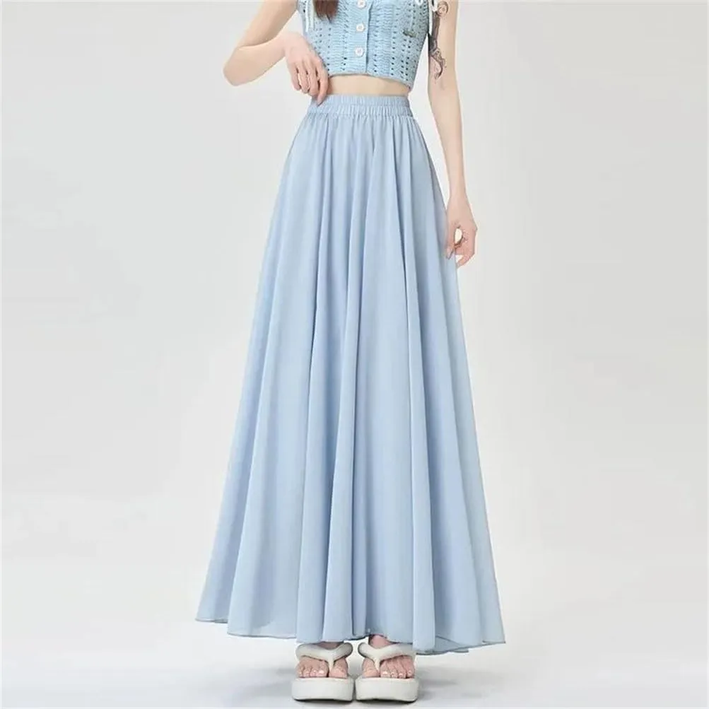 Women's Summer Elegant Elastic Waist Ruffled Chiffon A-Line Long Skirts