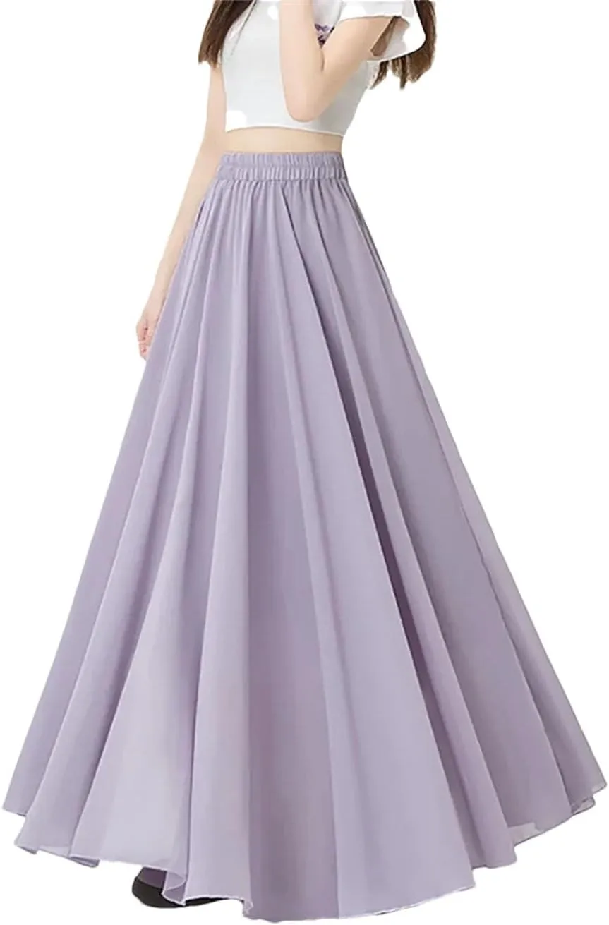Women's Summer Elegant Elastic Waist Ruffled Chiffon A-Line Long Skirts
