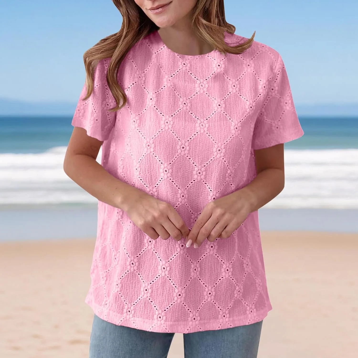 Women's Summer Tops Casual Crew Neck Short Sleeve Eyelet Embroidered Hollow Out Blouses Loose Fit Shirts