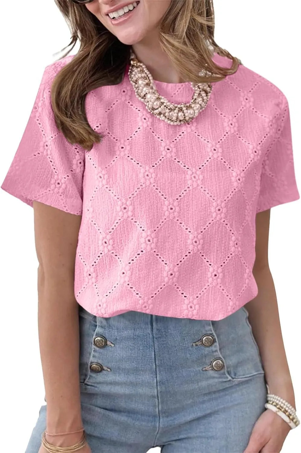 Women's Summer Tops Casual Crew Neck Short Sleeve Eyelet Embroidered Hollow Out Blouses Loose Fit Shirts
