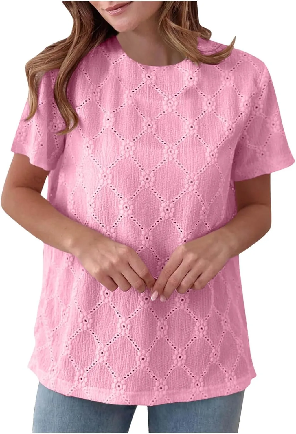 Women's Summer Tops Casual Crew Neck Short Sleeve Eyelet Embroidered Hollow Out Blouses Loose Fit Shirts