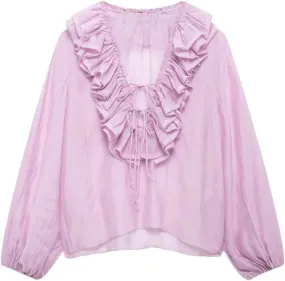 Women's Versatile V-Neck Loose Long Sleeved Ruffled Bow Tie Shirt Top
