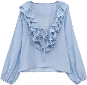 Women's Versatile V-Neck Loose Long Sleeved Ruffled Bow Tie Shirt Top