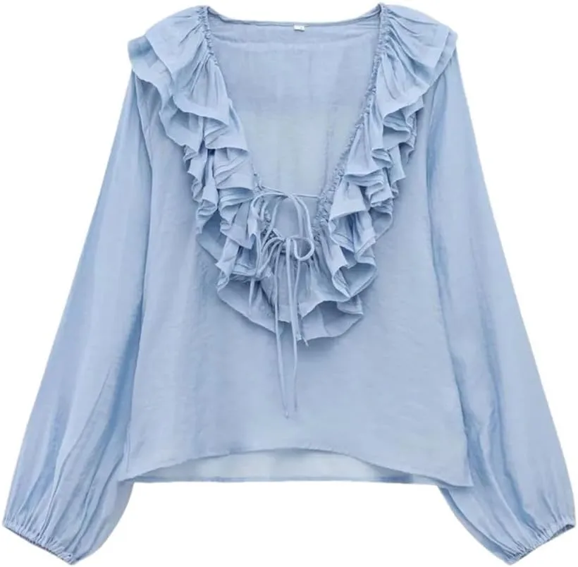 Women's Versatile V-Neck Loose Long Sleeved Ruffled Bow Tie Shirt Top