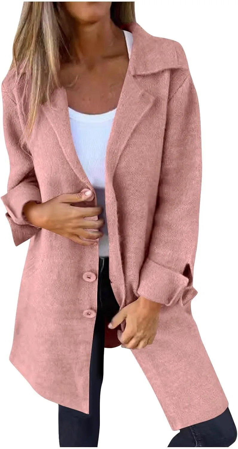 Women's Wool Trench Coat Elegant Single Breasted Pea Coat Casual Notch Lapel Long Winter Coats Long Sleeve Overcoat