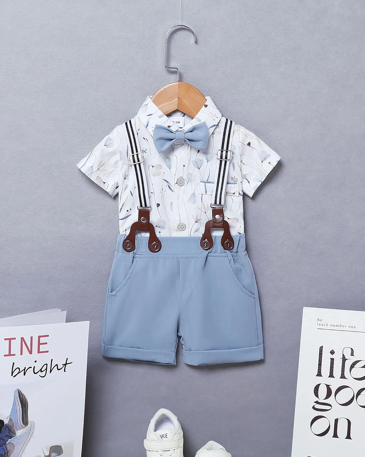 ZOEREA Baby Boy Clothes Suit Infant Short Sleeve Gentleman Outfits Dress Shirt Bowtie Suspender Shorts 0-18M